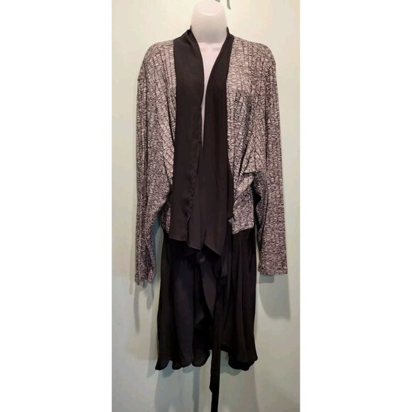 LOGO Lori Goldstein Heathered Black Knit Chiffon Trim Tie Waist Long Topper 4X - Picture 1 of 7